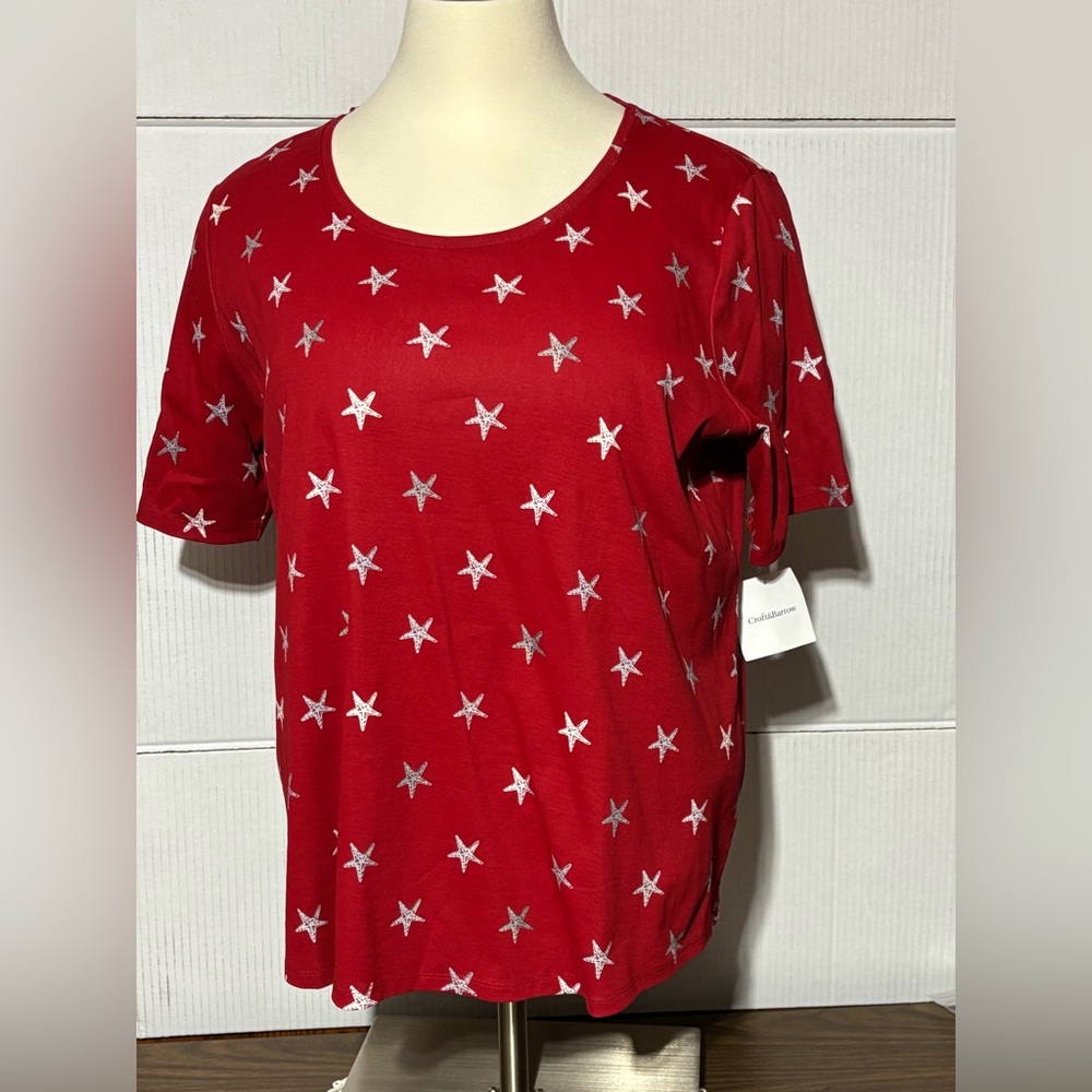 NWT Croft & Barrow 3X Red Star Print Women's Top 30” length 26” p2p